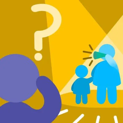 Graphic designg image of figures, one with a question mark next to it, others in a spotlight